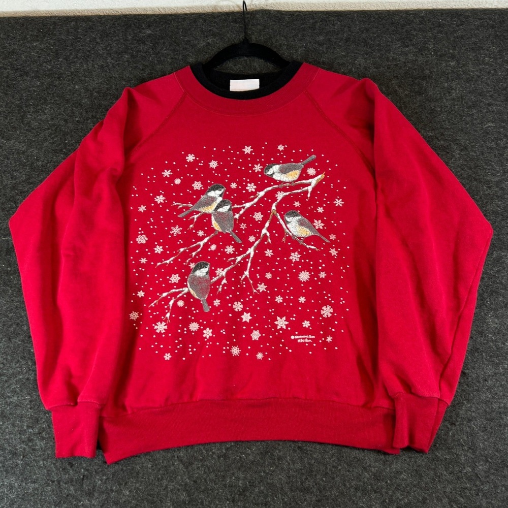 Vintage Morning Sun Whitton Chickadee Bird Winter Red Sweatshirt Womens Large